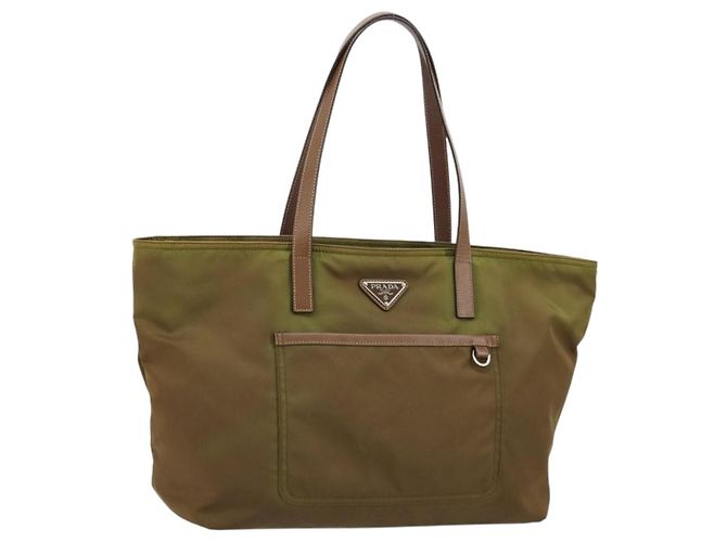 Tote Sac cabas PRADA en nylon vert argenté Auth ep14607