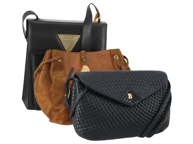 Bolsa de Ombro BALLY em Couro 3 Set Navy Black Brown Auth BA12350 Marrom Preto Azul marinho