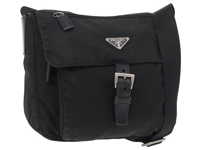 Bolsa de Ombro PRADA Nylon Preto Prata Auth 180187