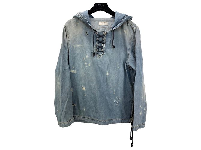Felpa con cappuccio in denim distressed Saint Laurent Paris Blu