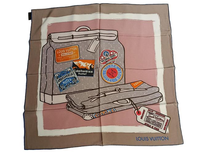 Lenço de seda Louis Vuitton Tema Viagem Marrom Rosa Branco Azul Bege