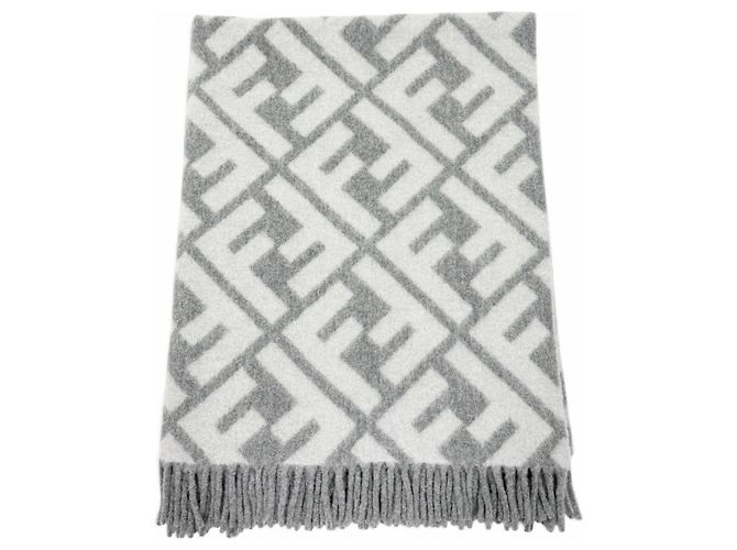 Fendi Gray Alpaca Wool Blend FF Logo Blanket Brown