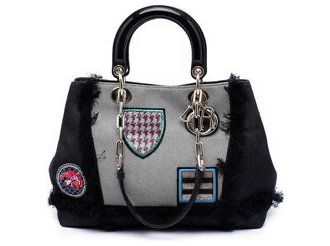 Bolsa D Light em denim preto com patch Dior