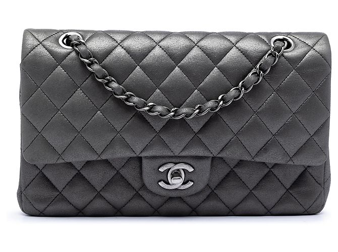 Chanel Gray Medium Classic Iridescent Lambskin Double Flap Marrom Cinza antracite