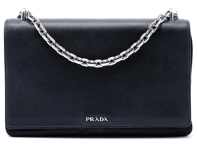 Bolsa transversal Prada Black Saffiano Lux e Tessuto com corrente Preto
