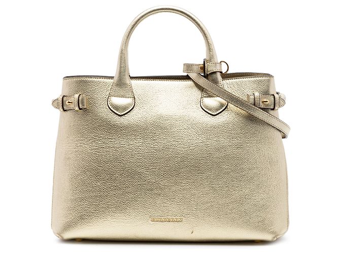 Borsa a tracolla Burberry Gold Medium in pelle metallizzata e House Check D'oro
