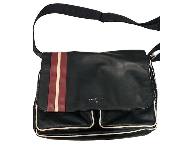 Bally Bolsa Messenger de Couro Preta Preto Branco Vermelho