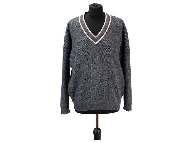 Brunello Cucinelli V-Ausschnitt Strickpullover Grau Beige 