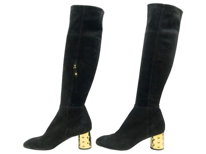 Louis Vuitton Talons Dorés Black Suede Over-the-Knee Boots