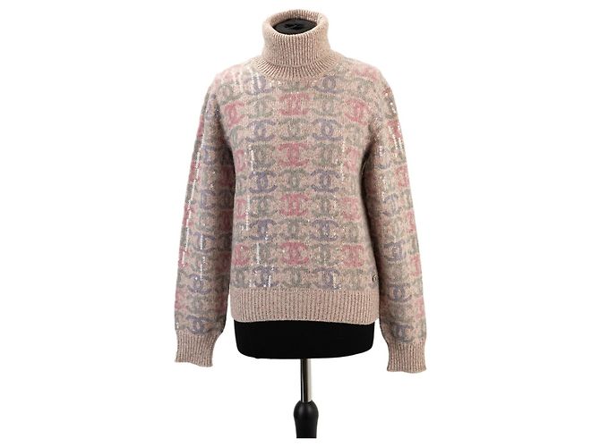 Chanel Pull col roulé en cachemire et sequins logo CC Rose Multicolore Beige Gris