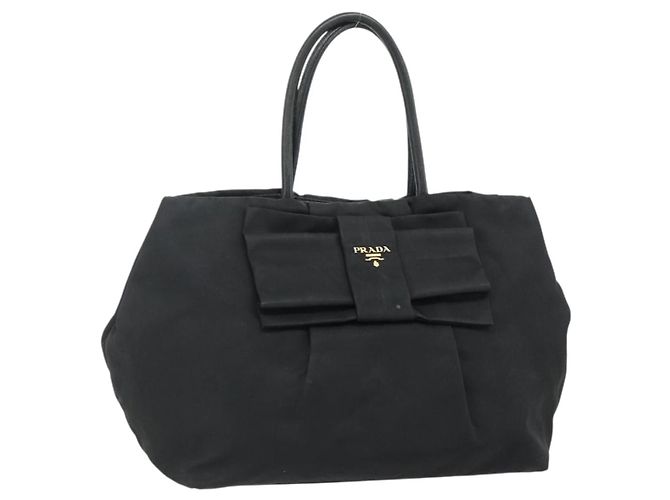 Borsa a mano PRADA Ribbon Nylon Nero Oro Auth 179608 D'oro