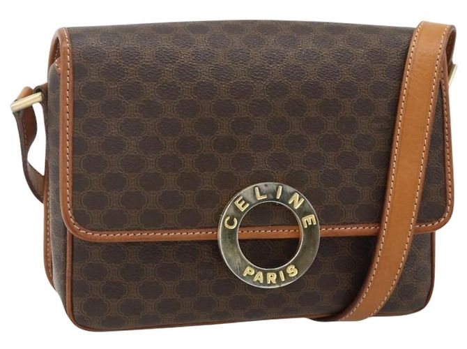 Céline Bolsa de Ombro CELINE Macadam Canvas PVC Couro Marrom Ouro Auth 179765A Dourado