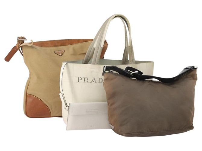 PRADA Shoulder Bag Canvas Nylon Leather 3 Set Brown White Auth bs34891