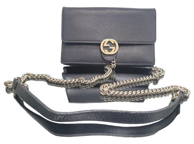 Gucci Interlocking G Leder Geldbörse mit Kette in Schwarz gebraucht