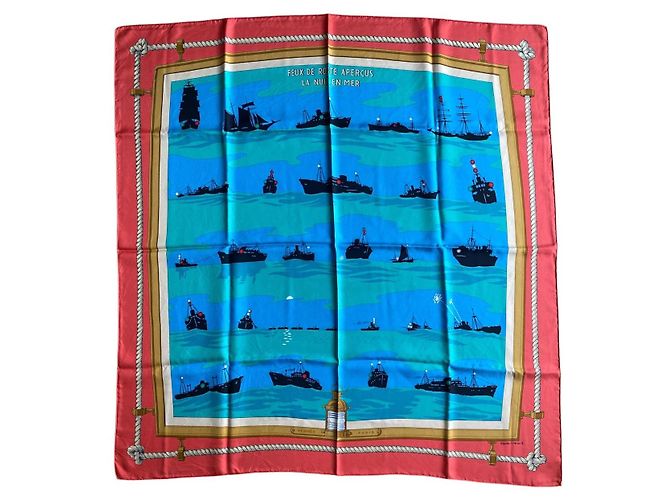 Hermès Lenço seda Feux de route aperçus la nuit en mer Branco Vermelho Azul Bege