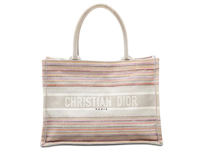 Book Tote Dior Gris Taille Medium en Toile Brodée à Rayures Marron