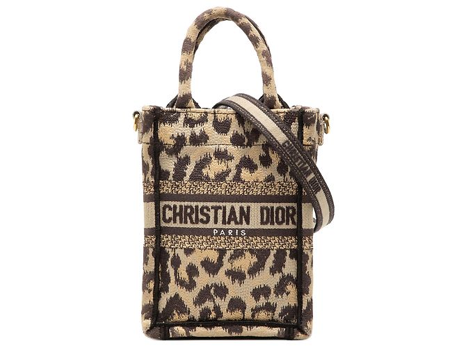 Dior Beige Mizza Mini Embroidered Canvas Leopard Vertical Book Tote