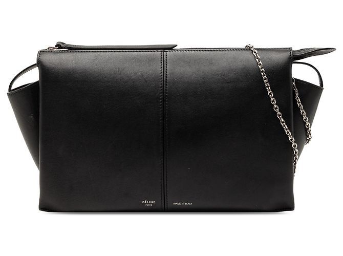 Céline Clutch de couro preto com aba sanfonada e corrente Celine