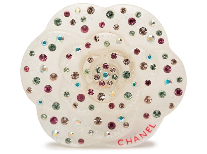 Spilla Camelia in resina e cristalli CC bianco Chanel