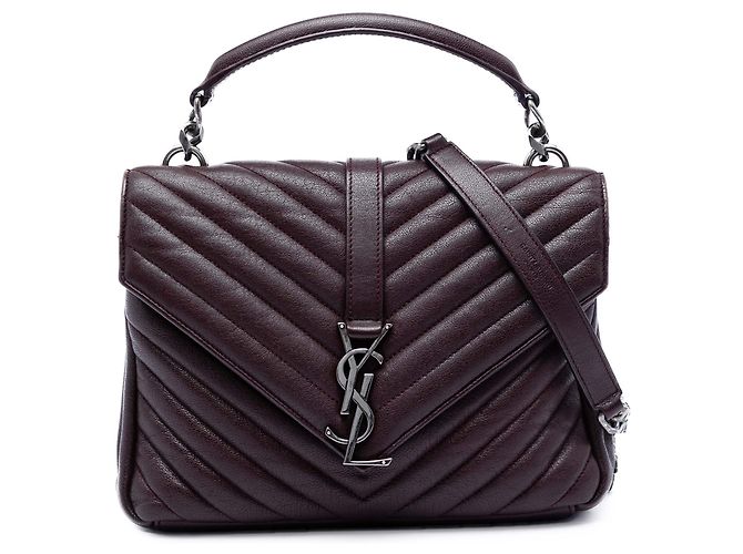 Borsa College Saint Laurent in pelle di pecora con monogramma e Chevron rosso, misura Medium Bordò