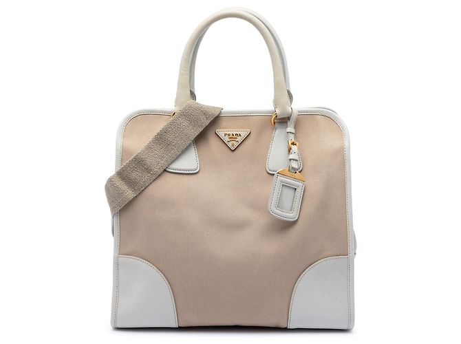 Bolsa Prada Beige Saffiano Trimmed Canvas Canapa Bege