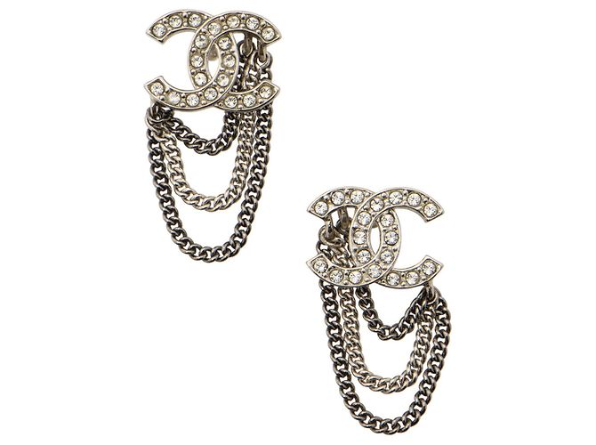Gabrielle Orecchini Chanel Silver Crystal CC Chain Argento Metallico