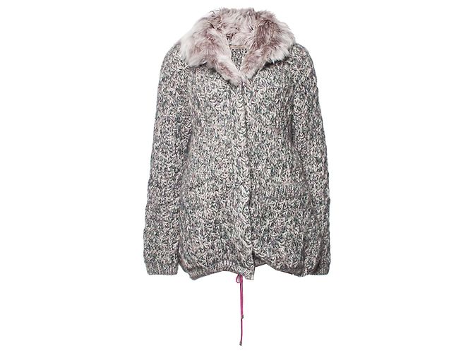 Ermanno Scervino, grauer Strickcardigan mit Pelzkragen.
