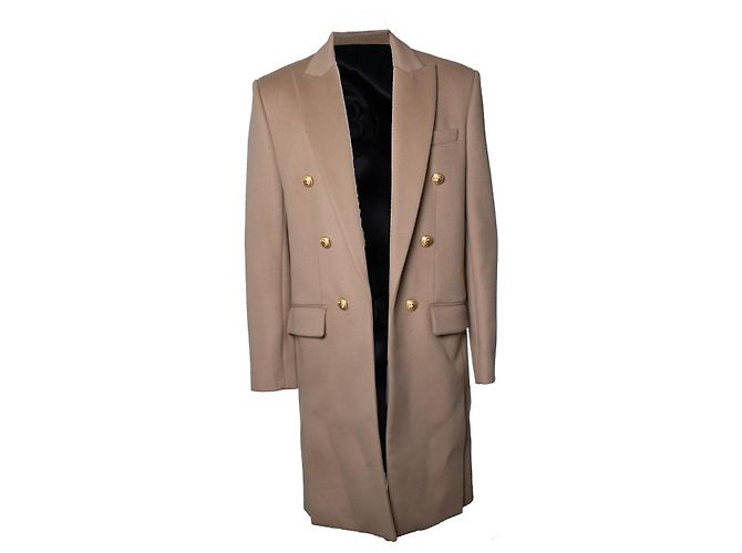 Balmain, beige wool overcoat with gold buttons Brown