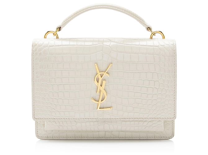 Saint Laurent Croc Embossed Leather Monogram Sunset Chain Wallet White