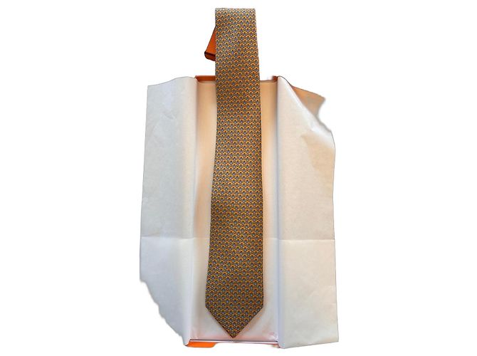 Hermès Les Chauves Souris Silk Tie - Orange/Blue Light blue