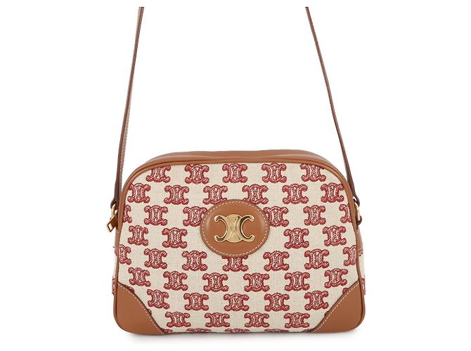 Céline Bolsa de Ombro Celine Triomphe Canvas Leather Marrom Branco Vermelho