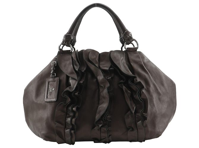 Bolsa Tote com babados Prada BR3987 em couro marrom