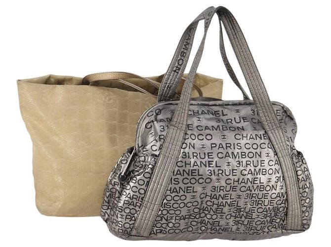 Borsa Tote CHANEL Nylon 2 Set Argento Beige CC Auth BA12495