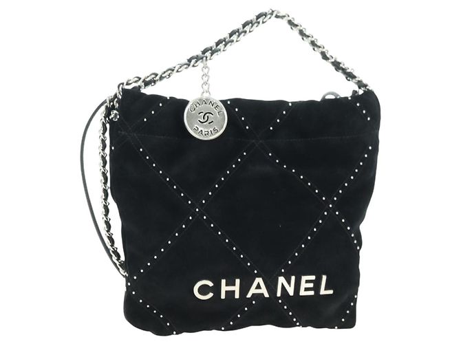CHANEL 22 Drawstring Chain Shoulder Bag Suede Black Silver CC Auth BA12610SM