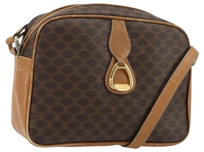 Céline Bolsa de Ombro CELINE Macadam Canvas PVC Couro Marrom Ouro Auth BA12535 Dourado