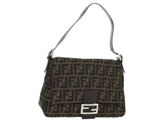 FENDI Zucca Canvas Mamma Baguette Schultertasche Schwarz Braun Auth 178747V