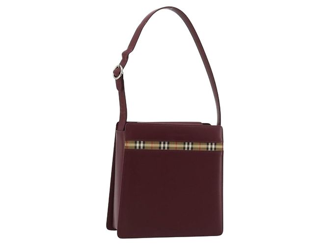 Borsa a Spalla BURBERRY Nova Check in Pelle Bordeaux Argento Auth ep14479 Bordò