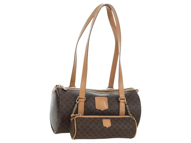 Céline Bolsa Boston CELINE em lona Macadam PVC Couro Marrom Ouro Auth 176802V Dourado