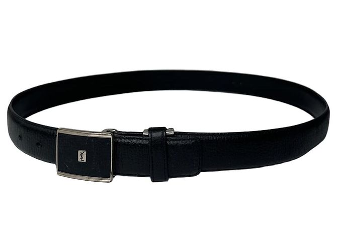 Yves Saint Laurent Textured Leather Belt Silver Buckle Black