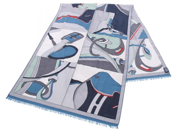 Hermès Stola Hermes Rectangle Selle en Desordre Marrone Blu Multicolore