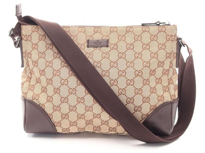 Bolsa de ombro Gucci em lona GG e couro Marrom Bege