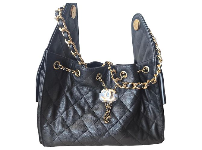 Chanel Black Quilted Leather Drawstring Bag