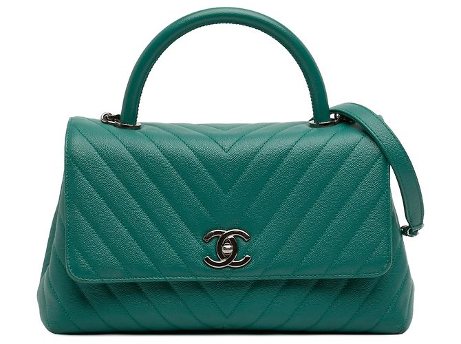Coco Handle Bolsa Chanel Green Medium Chevron Caviar Coco Top Handle Verde