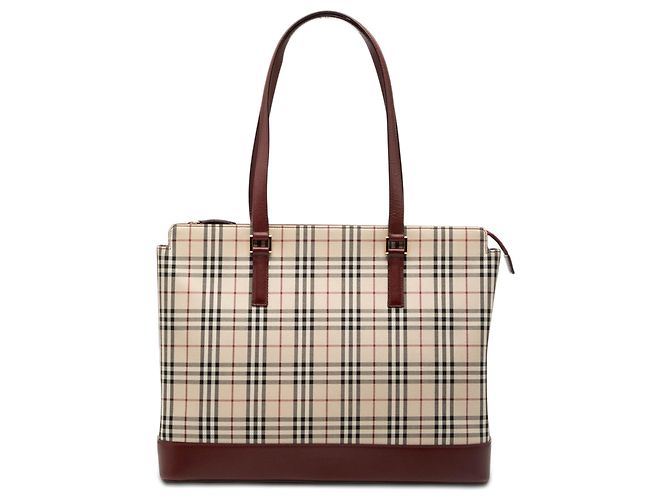 Burberry Beige House Check Canvas Tote Bordeaux