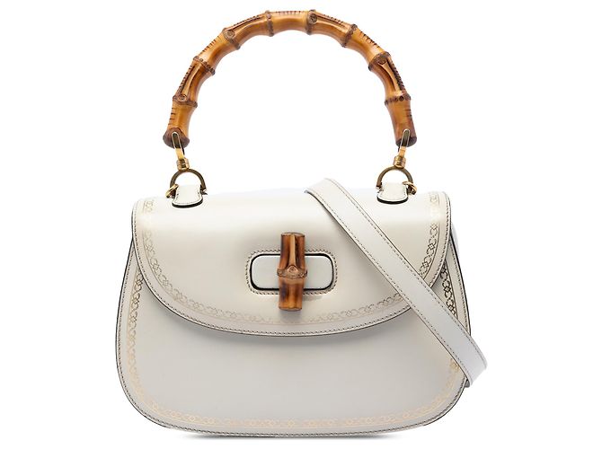 Bamboo Bolso Gucci de asa de bambú en piel de becerro blanco con estampado de marco
