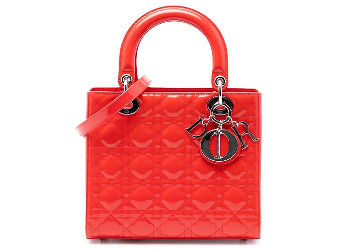 Lady Dior Cannage en charol Naranja Medium