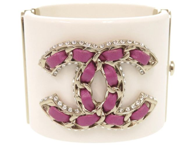 Pulseira rígida Chanel Coco Mark com strass Rosa Branco Dourado