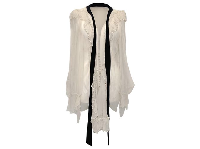 Chloé Ruffle-Trimmed Tie-Neck Blouse in White Polyester