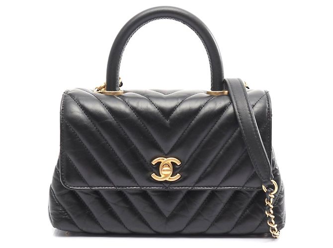 Bolsa 2WAY de couro Chanel Coco Handle Chevron Preto