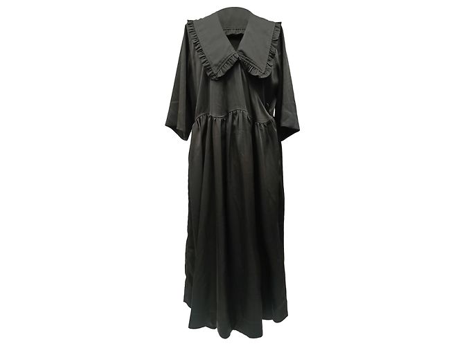 Ganni Maxikleid mit gerafftem Rüschenkragen aus schwarzem Polyester